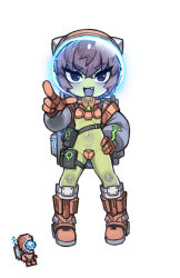 Rule 34 | 1girl, :d, alien, boots, breasts, brown hair, colored nipples, colored skin, creature and personification, crossed bangs, crotch plate, detached sleeves, fang, full body, gloves, green skin, grey sleeves, hair between eyes, hand on own hip, helmet, knee boots, long sleeves, looking at viewer, martian officer, navel, no nose, nyong nyong, open mouth, orange footwear, orange gloves, puffy long sleeves, puffy sleeves, reference inset, short hair, simple background, small breasts, smile, solo, space helmet, standing, terraria, thigh strap, tsurime, uncensored, v-shaped eyebrows, white background