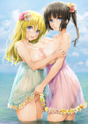 Rule 34 | 2girls, bikini tan, black hair, blonde hair, blue eyes, blue sky, breast press, breasts, chie&#039;s mom (ishikei), chie (ishikei), closed mouth, clothes lift, cloud, commentary request, day, dress, dress lift, flower, flower-trimmed dress, green dress, hair flower, hair ornament, hibiscus, huge breasts, ishikei, lifting another&#039;s clothes, lips, long hair, looking at viewer, medium hair, mother and daughter, multiple girls, nipples, ocean, one-piece tan, open mouth, original, outdoors, pink dress, pink flower, ponytail, pussy, pussy peek, revision, see-through, see-through dress, sky, sleeveless, sleeveless dress, smile, strap slip, symmetrical docking, tan, tanline, thighs, wading, white flower, yellow flower