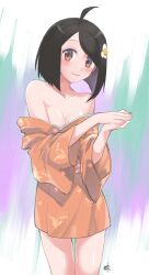 Rule 34 | 1girl, :3, ahoge, araragi tsukihi, artist name, bare shoulders, black hair, blunt ends, blush, bob cut, breasts, brown eyes, cleavage, closed mouth, commentary, contrapposto, cowboy shot, egg hair ornament, floral print, food-themed hair ornament, fried egg, green background, hair ornament, highres, japanese clothes, kikumaru bunta, kimono, long sleeves, looking at viewer, medium breasts, monogatari (series), multicolored background, nisemonogatari, off shoulder, orange kimono, own hands together, purple background, short hair, short kimono, signature, smile, solo, standing, swept bangs, translated, white background, wide sleeves