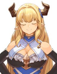 Rule 34 | 1girl, black gloves, blonde hair, blue dress, blush, breasts, cleavage, closed eyes, closed mouth, commentary request, curly sidelocks, detached collar, draph, dress, elbow gloves, eyelashes, facing viewer, framed breasts, frilled dress, frills, gloves, granblue fantasy, hair intakes, hair ornament, horns, ishii-ken, large breasts, long hair, pointy ears, razia, simple background, smile, smug, solo, straight-on, strapless, strapless dress, upper body, white background