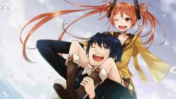 Rule 34 | 10s, 1boy, 1girl, ;d, aihara enju, ayakura juu, black bullet, boots, carrying, end card, highres, knee boots, one eye closed, open mouth, resized, satomi rentarou, shoulder carry, smile, upscaled