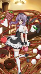 Rule 34 | 10s, 1girl, apron, arms behind back, black bow, black hairband, black ribbon, bow, brown eyes, chocolate, chocolate on face, dress, floating hair, food, food on face, hair bow, hairband, high heels, highres, hiiragi shinoa, indoors, jpeg artifacts, leg up, long hair, looking at viewer, looking back, owari no seraph, purple hair, ribbon, short dress, solo, thighhighs, white apron, white thighhighs, wrist cuffs