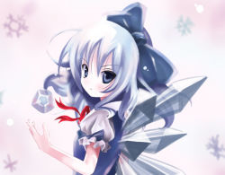 Rule 34 | 1girl, blue eyes, blue hair, bow, cirno, female focus, hair bow, ice, kukyo, looking back, matching hair/eyes, no nose, serious, short hair, snowflakes, solo, embodiment of scarlet devil, touhou, wings