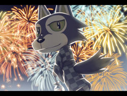 Rule 34 | 1boy, animal crossing, animal ears, artist name, fireworks, fish, japanese clothes, kimono, letterboxed, lobo (animal crossing), male focus, nintendo, sky, solo, tail, tsutsuji (hello x 2), wolf, wolf ears, wolf tail