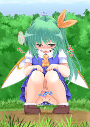 Rule 34 | 1girl, blue dress, blush, bobby socks, bow, cloud, daiyousei, dress, female focus, frills, grass, green eyes, green hair, heavy breathing, highres, long hair, matching hair/eyes, nature, necktie, outdoors, panties, panty pull, pee, peeing, pink panties, pussy, shoes, side ponytail, sky, socks, solo, sparkle, squatting, text focus, tooculi, touhou, translation request, tree, trembling, uncensored, underwear, white socks, wings