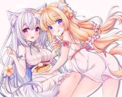 Rule 34 | 2girls, :d, :q, animal ear fluff, animal ears, ass, bare shoulders, blonde hair, blue ribbon, breasts, cat ears, cat girl, cat tail, closed mouth, commentary request, dress, feet out of frame, flower, food, fork, grey hair, hair between eyes, hair flower, hair ornament, hands up, holding, holding food, holding fork, holding plate, ice cream, ice cream cone, long hair, medium breasts, minakami rinka, multiple girls, neck ribbon, open mouth, original, plate, purple eyes, red ribbon, ribbon, simple background, sleeveless, sleeveless dress, smile, soft serve, tail, tongue, tongue out, very long hair, white background, white dress, yellow flower