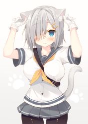 Rule 34 | 10s, 1girl, animal ears, arms up, between breasts, black pantyhose, blue eyes, blush, breasts, buttons, cat ears, cat tail, collarbone, gloves, gradient background, grey skirt, hair ornament, hair over one eye, hairclip, hamakaze (kancolle), hand on own ear, highres, kantai collection, kemonomimi mode, large breasts, looking at viewer, miko (royal milk), miniskirt, pantyhose, paw print, pleated skirt, school uniform, serafuku, short hair, short sleeves, silver hair, skirt, solo, tail, white gloves