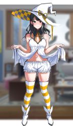 Rule 34 | 1girl, absurdres, asteria (driftingprhp), babydoll, babydoll lift, bare arms, bare shoulders, black hair, bloomers, blurry, blurry background, blush, breasts, cleavage, closed mouth, commentary request, detached collar, embarrassed, frills, full body, grey eyes, halloween costume, hands up, hat, hat ribbon, highres, idolmaster, idolmaster shiny colors, indoors, kazano hiori, lifted by self, long hair, looking away, looking down, medium breasts, mole, mole under mouth, navel, neck ribbon, orange ribbon, orange thighhighs, ribbon, shoes, sidelocks, solo, spaghetti strap, standing, stomach, striped clothes, striped thighhighs, sweat, thighhighs, underwear, wavy hair, wavy mouth, white babydoll, white bloomers, white footwear, white hat, witch hat