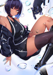 Rule 34 | 1girl, :q, bare shoulders, black cat, black dress, black hair, black thighhighs, blush, breasts, cat, choker, dark-skinned female, dark skin, dress, halterneck, highres, large breasts, licking lips, long sleeves, looking at viewer, original, quibi-chan, short hair, single thighhigh, solo, spider apple, thighhighs, tongue, tongue out, yellow eyes