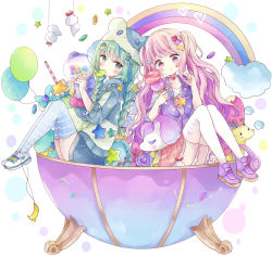 Rule 34 | 2girls, absurdres, animal ears, animal hat, arrow (projectile), arrow through heart, bad id, bad pixiv id, balloon, bandaid, blue hair, blue hoodie, blue thighhighs, braid, candy, candy hair ornament, candy wrapper, chewing gum, cloud, commentary, double scoop, fake animal ears, food, food-themed hair ornament, frilled pillow, frills, fruit, glasses, green eyes, green hair, green headwear, hair ornament, hat, heart, heart-shaped eyewear, heart hair ornament, highres, holding, holding food, hood, hood down, hoodie, ice cream, ice cream cone, jacket, knees up, lollipop, long hair, multicolored hair, multiple girls, original, pillow, pink hair, pink skirt, pleated skirt, purple eyes, purple footwear, purple jacket, rainbow, shirt, shoes, skirt, star (symbol), strawberry, streaked hair, striped clothes, striped legwear, striped thighhighs, stuffed animal, stuffed giraffe, stuffed toy, stuffed unicorn, swirl lollipop, symbol-only commentary, teruterubouzu, thighhighs, tsukiyo (skymint), twin braids, twintails, very long hair, white background, white footwear, white legwear, white shirt