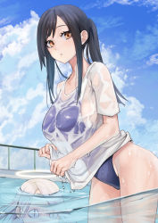 Rule 34 | 2girls, black hair, blue sky, blue one-piece swimsuit, breasts, cloud, competition swimsuit, hapiel, hapiel (hapiel), long hair, masuo, multiple girls, one-piece swimsuit, orange eyes, ponytail, pool, school swimsuit, see-through, shirt, silver hair, sky, slit pupils, swimsuit, takahashi saya, wading, wet, wet clothes, wet shirt