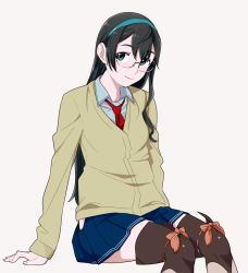 Rule 34 | 1girl, beige sweater, black hair, blue eyes, blue hairband, blue shirt, blue skirt, brown thighhighs, glasses, grey background, hairband, hip vent, invisible chair, kantai collection, long hair, long sleeves, necktie, ojipon, ooyodo (kancolle), pleated skirt, red necktie, shirt, simple background, sitting, skirt, smile, solo, sweater, thighhighs