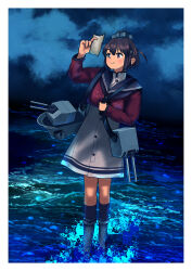 Rule 34 | 1girl, adapted turret, brown eyes, brown hair, brown neckerchief, cannon, dress, full body, grey sailor collar, grey sky, highres, kantai collection, machinery, neckerchief, ocean, paper, red shirt, sailor collar, sailor shirt, shirt, short hair, sky, smile, solo, standing, standing on liquid, tan yang (kancolle), timmyyen, turret, water, white dress, yukikaze (kancolle)