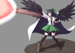 Rule 34 | 1girl, absurdres, arm cannon, asymmetrical footwear, bird wings, black hair, black thighhighs, black wings, bow, breasts, brown footwear, cape, collared shirt, commentary request, control rod, fire, frilled shirt collar, frilled skirt, frills, full body, green bow, green skirt, grey background, hair bow, highres, long hair, looking afar, medium breasts, mismatched footwear, o1118, open mouth, puffy short sleeves, puffy sleeves, red eyes, reiuji utsuho, shirt, shoes, short sleeves, single shoe, skirt, solo, starry sky print, thighhighs, third eye, touhou, weapon, white cape, white shirt, wings