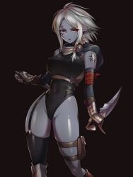 Rule 34 | 1girl, bare shoulders, black leotard, brown background, brown eyes, colored skin, contrapposto, covered navel, d:, dagger, dark elf, earrings, elf, facial tattoo, feet out of frame, gloves, grey hair, grey skin, highleg, highres, holding, holding dagger, holding knife, holding weapon, hood, hood down, jewelry, knife, leotard, looking at viewer, open mouth, original, pataneet, pointy ears, shiny skin, short hair, shoulder tattoo, simple background, solo, tattoo, weapon