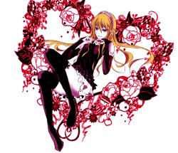 Rule 34 | 1girl, action73, black dress, black thighhighs, blonde hair, bridal gauntlets, dress, elbow gloves, female focus, flower, gloves, heart, hime (kaibutsu oujo), image sample, kaibutsu oujo, legs, long hair, pale skin, partially colored, pixiv sample, red eyes, rose, sitting, slit pupils, smile, solo, thighhighs, tiara, very long hair, vocaloid, white background, world is mine (vocaloid)