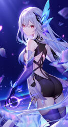 Rule 34 | 1girl, ass, bare shoulders, breasts, commentary, cowboy shot, elbow gloves, genshin impact, gloves, grey hair, hair ornament, highres, lightria, long hair, looking at viewer, medium breasts, pink eyes, purple gloves, purple thighhighs, skirk (genshin impact), solo, standing, thighhighs, thighs, very long hair