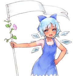 Rule 34 | 1girl, blue dress, blue eyes, blue hair, blush, cirno, dress, fang, flag, flower, hair ribbon, hidden star in four seasons, ice, ice wings, laoism, open mouth, plant, ribbon, short hair, simple background, sleeveless, sleeveless dress, smile, solo, tan, tanline, tanned cirno, tongue, touhou, vines, white background, wings