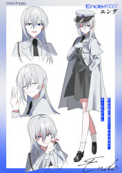 Rule 34 | 1girl, :d, ;), ^ ^, black necktie, blue border, blue eyes, border, character name, chihuri, closed eyes, closed mouth, collared shirt, commentary request, ende (chihuri), gloves, grey hair, grey skirt, grey vest, hair between eyes, hand in pocket, hand up, hat, highres, jacket, long hair, looking at viewer, multiple views, necktie, one eye closed, open clothes, open jacket, open mouth, original, peaked cap, shirt, skirt, smile, translation request, vest, white background, white gloves, white headwear, white jacket, white shirt