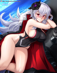 Rule 34 | 1girl, absurdres, artist name, ass, azur lane, bare shoulders, black cape, black flower, black hat, blush, breasts, cape, cleavage, competition swimsuit, covered navel, dutch angle, flower, graf zeppelin (azur lane), hair between eyes, hair flower, hair ornament, hat, highleg, highleg swimsuit, highres, impossible clothes, impossible swimsuit, long hair, one-piece swimsuit, patreon logo, peaked cap, red cape, red eyes, sideboob, silver hair, solo, swimsuit, thighs, two-tone cape, very long hair, vilde loh hocen, water