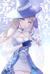 Rule 34 | 1girl, blue gloves, blue hat, blurry, breasts, brooch, cleavage, collarbone, commentary request, cowboy shot, dress, gloves, grey eyes, grey hair, hair ornament, hand up, hat, highres, iriam, jewelry, long hair, looking at viewer, mayoi elena, medium breasts, myusha, open mouth, see-through, snowflakes, solo, virtual youtuber, white dress, witch, witch hat