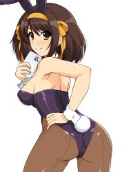 Rule 34 | 1girl, absurdres, animal ears, ass, bare shoulders, black leotard, blush, breasts, brown eyes, brown hair, cellphone, closed mouth, fake animal ears, fake tail, from behind, hair ornament, hairband, hand on own hip, hand up, haruhisky, highres, holding, leotard, long hair, looking at viewer, looking back, medium breasts, pantyhose, phone, playboy bunny, rabbit ears, rabbit tail, simple background, smile, solo, strapless, strapless leotard, suzumiya haruhi, suzumiya haruhi no yuuutsu, tail, white background, wrist cuffs