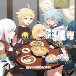 Rule 34 | 2girls, 3boys, aether (genshin impact), aunt and nephew, blonde hair, blue hair, breasts, child, chinese clothes, chongyun (genshin impact), chopsticks, cousins, family, father and daughter, feeding, food, genshin impact, highres, husband and wife, if they mated, large breasts, mother and daughter, multiple boys, multiple girls, nail polish, purple eyes, shenhe (genshin impact), twitter username, vision (genshin impact), white hair, xingqiu (genshin impact), yellow eyes, yuushiba