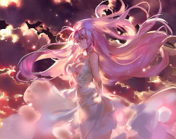 Rule 34 | 1girl, bare arms, bare shoulders, breasts, cleavage, cloud, cloudy sky, cowboy shot, dress, female focus, kishiyo, large breasts, long hair, megurine luka, pink eyes, pink hair, revision, shirt, sky, sleeveless, sleeveless shirt, solo, very long hair, vocaloid, white dress, wind