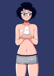 1girl aragon_honnin black_hair blue_background breasts brown_eyes cowboy_shot freckles glasses holding looking_to_the_side navel original short_hair simple_background small_breasts solo topless underwear