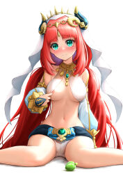 Rule 34 | 1girl, areola slip, arm at side, bare shoulders, blue sleeves, blush, breasts, breasts apart, brooch, cameltoe, closed mouth, covered erect nipples, crop top, detached sleeves, embarrassed, female focus, food, fruit, gem, genshin impact, gold, green eyes, green gemstone, habit, hand up, headpiece, highres, jewelry, legs, long hair, long sleeves, looking at viewer, medium breasts, navel, nilou (genshin impact), nose blush, panties, parted bangs, red hair, royboy, sash, shirt, sidelocks, simple background, sitting, sleeveless, sleeveless shirt, solo, sparkle, stomach, sweat, underwear, very long hair, wariza, white background, white headwear, white panties, white shirt