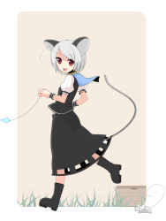 Rule 34 | 1girl, animal ears, boots, capelet, female focus, frills, full body, grey hair, highres, meneru, mouse (animal), mouse ears, mouse tail, nazrin, open mouth, pendulum, red eyes, short hair, simple background, skirt, skirt set, solo, tail, touhou, wrist cuffs