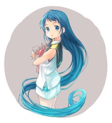 Rule 34 | 1girl, bag, bare arms, bare shoulders, black sailor collar, blue eyes, blue hair, box, cowboy shot, from behind, from side, gradient hair, grocery bag, heart-shaped box, kantai collection, long hair, looking at viewer, looking to the side, multicolored hair, no gloves, oge (ogeogeoge), parted lips, sailor collar, samidare (kancolle), school uniform, serafuku, shopping bag, skirt, sleeveless, solo, very long hair, white skirt