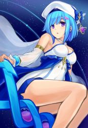 Rule 34 | 1girl, aqua hair, armpits, bare shoulders, beret, blue hair, breasts, cape, cleavage, detached collar, detached sleeves, frills, hair ornament, hairclip, hat, holding, jewelry, knees, legs, mercury (unison league), mercury symbol, official art, open mouth, purple eyes, shorts, sitting, solo, space, staff, thighs, unison league