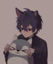 Rule 34 | &gt; &lt;, 1boy, animal ears, black sweater, blush, brown background, dog boy, dog ears, earrings, highres, holding, holding stuffed toy, indie virtual youtuber, jewelry, long sleeves, male focus, purple eyes, purple hair, short hair, shoto (vtuber), stuffed toy, stuffed wolf, sweater, tako wieners, tongue, tongue out, virtual youtuber