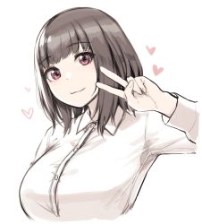 Rule 34 | 1girl, breasts, brown hair, closed mouth, collared shirt, fingernails, hand up, heart, highres, large breasts, looking at viewer, original, pink eyes, shirt, short hair, simple background, smile, solo, sunaba suzume, upper body, v, white background, white shirt, wing collar