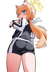Rule 34 | 1girl, absurdres, animal ears, ass, black shorts, black track suit, blue archive, blue eyes, bluerabbit gap, blush, exercising, fox ears, fox girl, from behind, from below, hair between eyes, hair ribbon, hairband, halo, highres, long hair, looking at viewer, looking back, looking down, mari (blue archive), mari (track) (blue archive), open mouth, orange hair, ponytail, ribbon, short shorts, shorts, solo, thighs, very long hair, white hairband, white ribbon, yellow halo