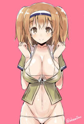 Rule 34 | 10s, 1girl, akaza, bikini, bikini under clothes, blazer, breasts, brown eyes, brown hair, cleavage, forearms at chest, hairband, i-26 (kancolle), jacket, kantai collection, large breasts, light brown hair, long hair, lowleg, lowleg bikini, micro bikini, sailor collar, signature, solo, swimsuit, swimsuit under clothes, twitter username, two-tone hairband, two side up