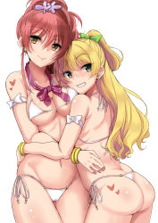 Rule 34 | 2girls, ass, bare shoulders, bikini, blonde hair, blush, bow, bracelet, breasts, cameltoe, cleavage, commentary request, cowboy shot, earrings, flower, green bow, green eyes, grin, hair between eyes, hair bow, hair flower, hair ornament, hand on back, heart, heart tattoo, hug, idolmaster, idolmaster cinderella girls, jewelry, jougasaki mika, jougasaki rika, large breasts, long hair, long hand, looking at viewer, multiple girls, nail polish, navel, open mouth, pink hair, ponytail, red nails, shiroyukimajima, siblings, side-tie bikini bottom, simple background, sisters, smile, standing, stomach, swimsuit, tattoo, two side up, white background, white bikini, yellow eyes