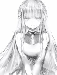 Rule 34 | 1girl, bare shoulders, braid, closed mouth, greyscale, highres, long hair, looking at viewer, marshmallow-chan (nanashi), monochrome, nanashi (nlo), neck ribbon, original, ribbon, simple background, smile, solo, upper body, v arms, very long hair, white background