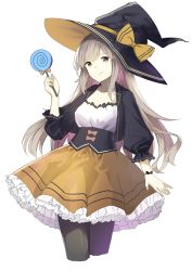 Rule 34 | 1girl, aquna, black pantyhose, blunt bangs, bracelet, candy, closed mouth, commentary request, cowboy shot, cropped jacket, food, frilled skirt, frills, grey eyes, grey hair, halloween, hat, high-waist skirt, highres, holding, holding candy, holding food, holding lollipop, jacket, jewelry, lollipop, long hair, looking at viewer, open clothes, open jacket, orange skirt, original, pantyhose, puffy sleeves, shirt, simple background, skirt, smile, solo, standing, white background, white shirt, witch hat