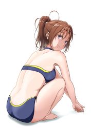 Rule 34 | 1girl, brown hair, commentary request, from behind, full body, hibike! euphonium, highres, liz to aoi tori, long hair, looking at viewer, looking back, matebashi, nakagawa natsuki, ponytail, purple eyes, simple background, solo, squatting, white background