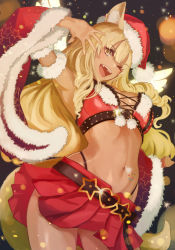 Rule 34 | 1girl, absurdres, animal ears, arched back, arm garter, black background, blonde hair, blush, breasts, buckle, cleavage, cowboy shot, dark-skinned female, dark skin, detached sleeves, drill hair, energy wings, ev (dai00888), fang, fate/grand order, fate/grand order arcade, fate (series), fox ears, fox girl, fox tail, fur trim, gyaru, hair between eyes, hand up, hat, heart, heart-shaped buckle, heart belt, highleg, highleg panties, highres, light particles, long hair, looking at viewer, medium breasts, midriff, mini wings, miniskirt, navel, one eye closed, open mouth, panties, pleated skirt, pom pom (clothes), red hat, red skirt, red sleeves, santa costume, santa hat, shiny skin, simple background, skirt, smile, solo, sparkle, star (symbol), star print, stomach, suzuka gozen (fate), suzuka gozen (santa) (fate), tail, teeth, thighs, underwear, wide sleeves, wings, yellow eyes