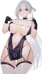 Rule 34 | 1girl, :o, azur lane, bare hips, black gloves, blue eyes, breasts, choker, criss-cross halter, dress, ekaki no mime, from below, garter straps, gloves, hair between eyes, halter dress, halterneck, highres, large breasts, long hair, mole, mole under eye, navel, pelvic curtain, race queen, revealing clothes, shoukaku (azur lane), shoukaku (sororal wings) (azur lane), silver hair, strap pull, thighhighs, thighs, very long hair, white thighhighs
