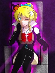 Rule 34 | 1girl, artist request, ayase eli, bare shoulders, black gloves, blonde hair, blue eyes, blush, bow, bowtie, breasts, candy hair ornament, chair, collarbone, cross, cross-laced clothes, cross-laced dress, crossed legs, earrings, elbow gloves, female focus, food-themed hair ornament, ghost print, gloves, hair between eyes, hair ornament, hat, highres, jewelry, long hair, looking at viewer, love live!, love live! school idol festival, love live! school idol project, medium breasts, mini hat, moon earrings, necklace, nemoroimer, on chair, one eye closed, parted lips, pearl necklace, ponytail, pumpkin hair ornament, red bow, red bowtie, sitting, smile, solo, witch hat