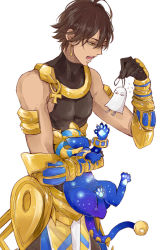 Rule 34 | 1boy, :o, animal, ankh, bare shoulders, black gloves, bracer, brown eyes, brown hair, dark-skinned male, dark skin, earrings, fate/grand order, fate (series), gloves, gold trim, holding, holding animal, jewelry, looking to the side, male focus, medjed (fate), occhiali, ozymandias (fate), simple background, sphinx awlad, standing, white background