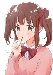 Rule 34 | 1girl, blush, bow, bowtie, brown hair, cookie, food, highres, holding, holding cookie, holding food, idolmaster, idolmaster cinderella girls, looking at viewer, mitsuyahachiko, ogata chieri, pink vest, pocky, red bow, red bowtie, sidelocks, simple background, solo, sweater vest, twintails, underwear, vest, white background