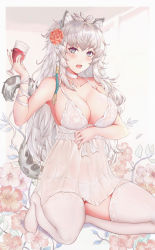 Rule 34 | 1girl, absurdres, akicho, alcohol, animal ear fluff, animal ears, arknights, bare arms, bare shoulders, breasts, chemise, chinese commentary, choker, cleavage, collarbone, commentary request, cup, cupping glass, dress, flower, genderswap, genderswap (mtf), grey eyes, hair flower, hair ornament, hand up, highres, holding, holding cup, large breasts, leopard ears, leopard tail, long hair, mole, mole under eye, nail polish, no shoes, panties, pink flower, pink rose, red nails, ribbon, rose, see-through, short dress, silver hair, silverash (arknights), solo, spaghetti strap, tail, thighhighs, thighs, underwear, white choker, white dress, white panties, white ribbon, white thighhighs, wine, wrist ribbon