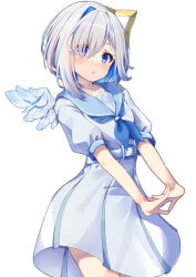 Rule 34 | 1girl, absurdres, amane kanata, belt, blue dress, blue eyes, blue hair, blue neckerchief, blue sailor collar, blush, colored inner hair, commentary request, cowboy shot, dress, feathered wings, grey hair, hair over one eye, halo, highres, hololive, kisara mikami, looking at viewer, mini wings, multicolored hair, neckerchief, one eye covered, own hands together, parted lips, pink hair, puffy short sleeves, puffy sleeves, sailor collar, sailor dress, short hair, short sleeves, simple background, single hair intake, single wing, solo, star halo, streaked hair, stretching, virtual youtuber, white background, white belt, wings, yellow halo