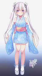Rule 34 | 1girl, bare shoulders, black ribbon, blue background, blue kimono, blush, choker, closed mouth, commentary request, full body, gradient background, grey background, grey footwear, hair ribbon, japanese clothes, kimono, long hair, long sleeves, looking at viewer, obi, original, pink choker, platform footwear, purple eyes, ribbon, sandals, sash, short kimono, sleeves past wrists, smile, socks, solo, standing, tabi, twintails, twitter username, very long hair, white hair, white socks, wide sleeves, yamine kuro, zouri