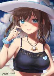 Rule 34 | 1girl, :d, bare shoulders, beach, bikini, black bikini, blue bow, blue eyes, blue sky, blush, bow, braid, breasts, brown hair, charlotte corday (fate), charlotte corday (swimsuit caster) (fate), charlotte corday (swimsuit caster) (first ascension) (fate), cleavage, collarbone, commentary request, day, eyebrows hidden by hair, fate/grand order, fate (series), green eyes, hair between eyes, hat, hat bow, highres, jewelry, large breasts, long hair, looking at viewer, medium breasts, necklace, nervous smile, open mouth, outdoors, pendant, shore, short hair, side braid, single braid, sky, smile, solo, sun hat, swimsuit, tyone, upper body, white hat